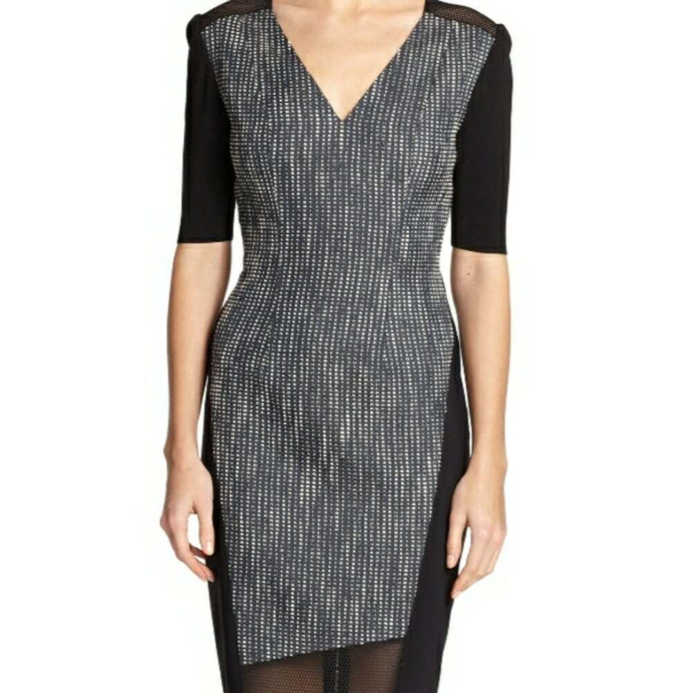 Elie Tahari Telese Mixed Media Sheath Dress Black Gray Mesh Size 10